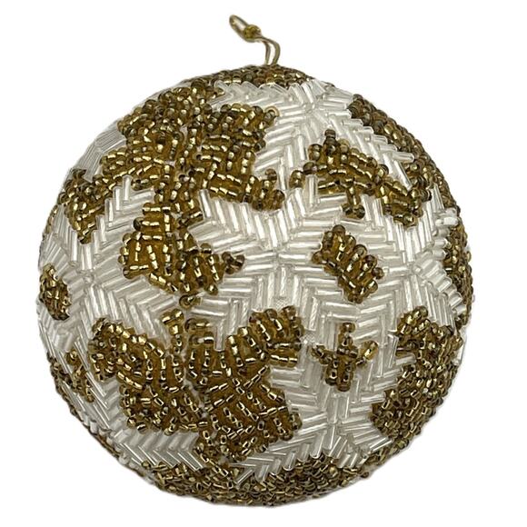Beaded Christmas Ball Ornaments Handmade White Gold Beads Holiday Tree Decor - Picture 2 of 6